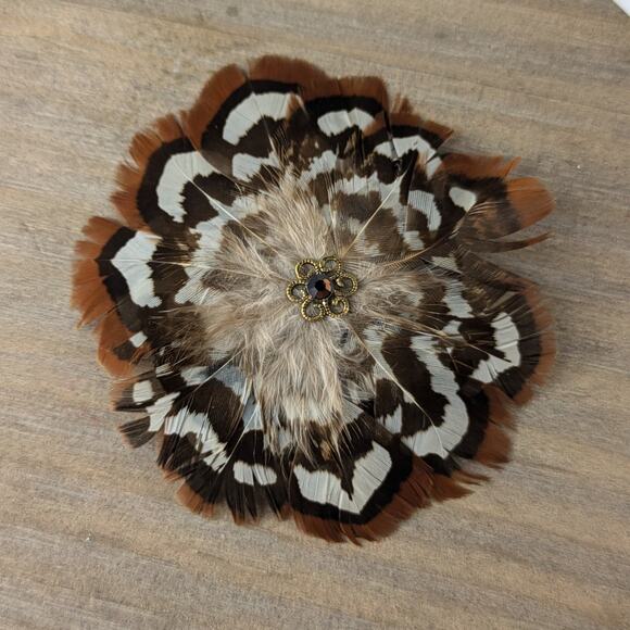 Genuine Feather Hair Clip Handmade Brown White Flapper Pheasant Snap Barrette - Picture 1 of 7